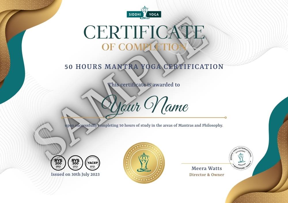 Certificado de amostra de mantra yoga de 50 horas